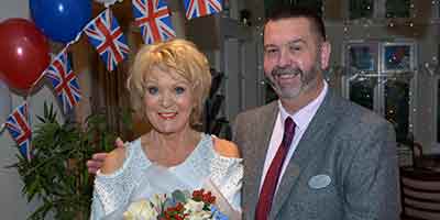 Merlin Court Care Home Marlborough Sherrie Hewson celebrity visit best of British union flag balloon