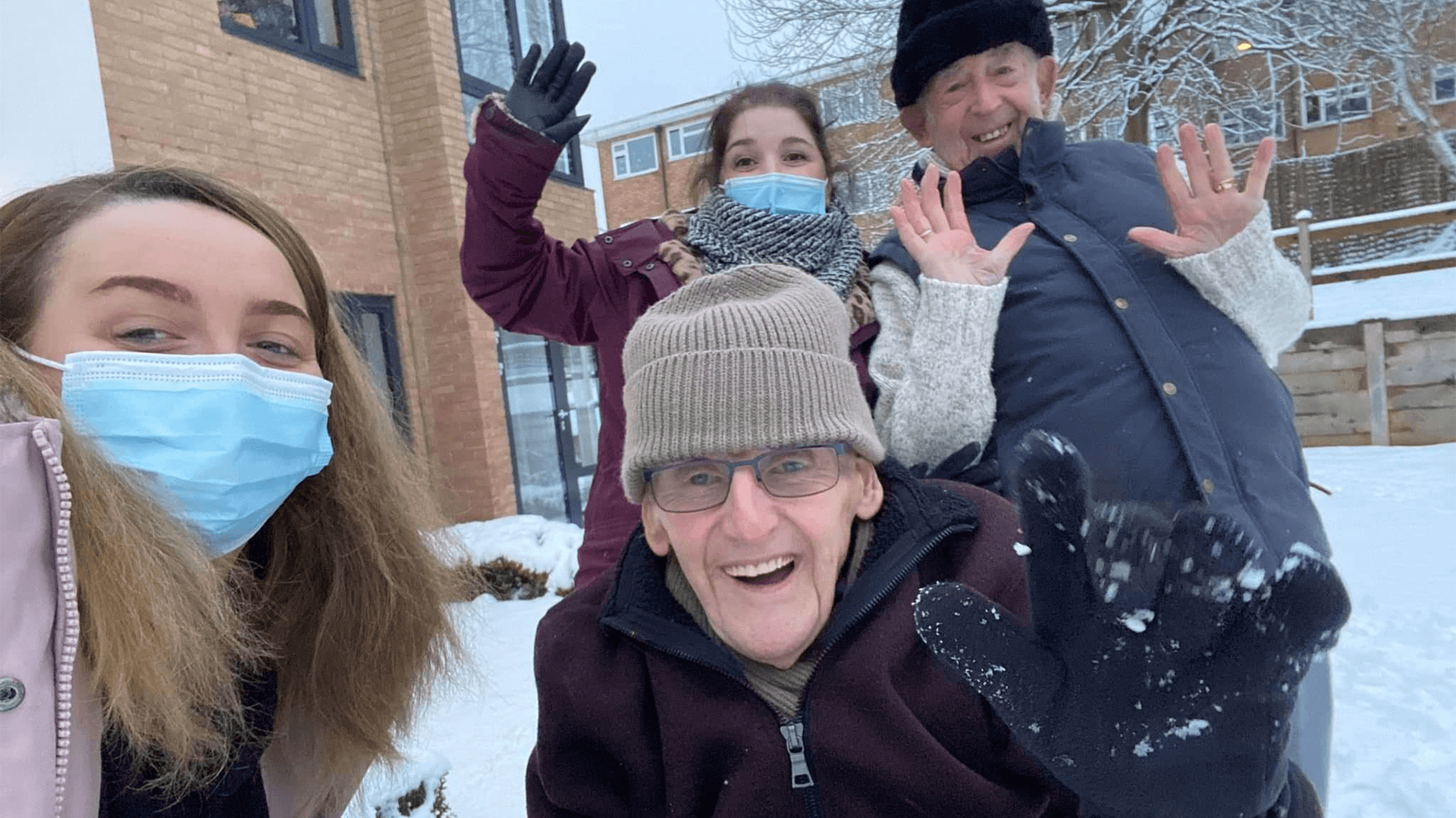 Bourn View residents in snow